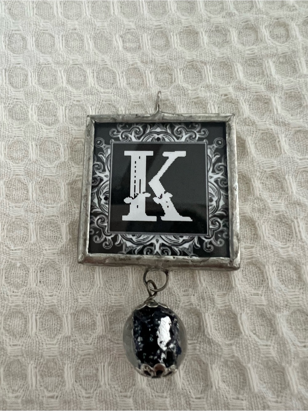 Monogram 'K' Square reversible Pendant with Decorative Bead - Black & Silver.